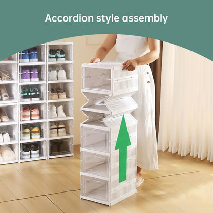 Wuciray Shoe Storage Box 6PCS Shoe Organiser Clear Stackable with Magnetic Door Installation Free Plastic Trainer Storage Organise Foldable Space