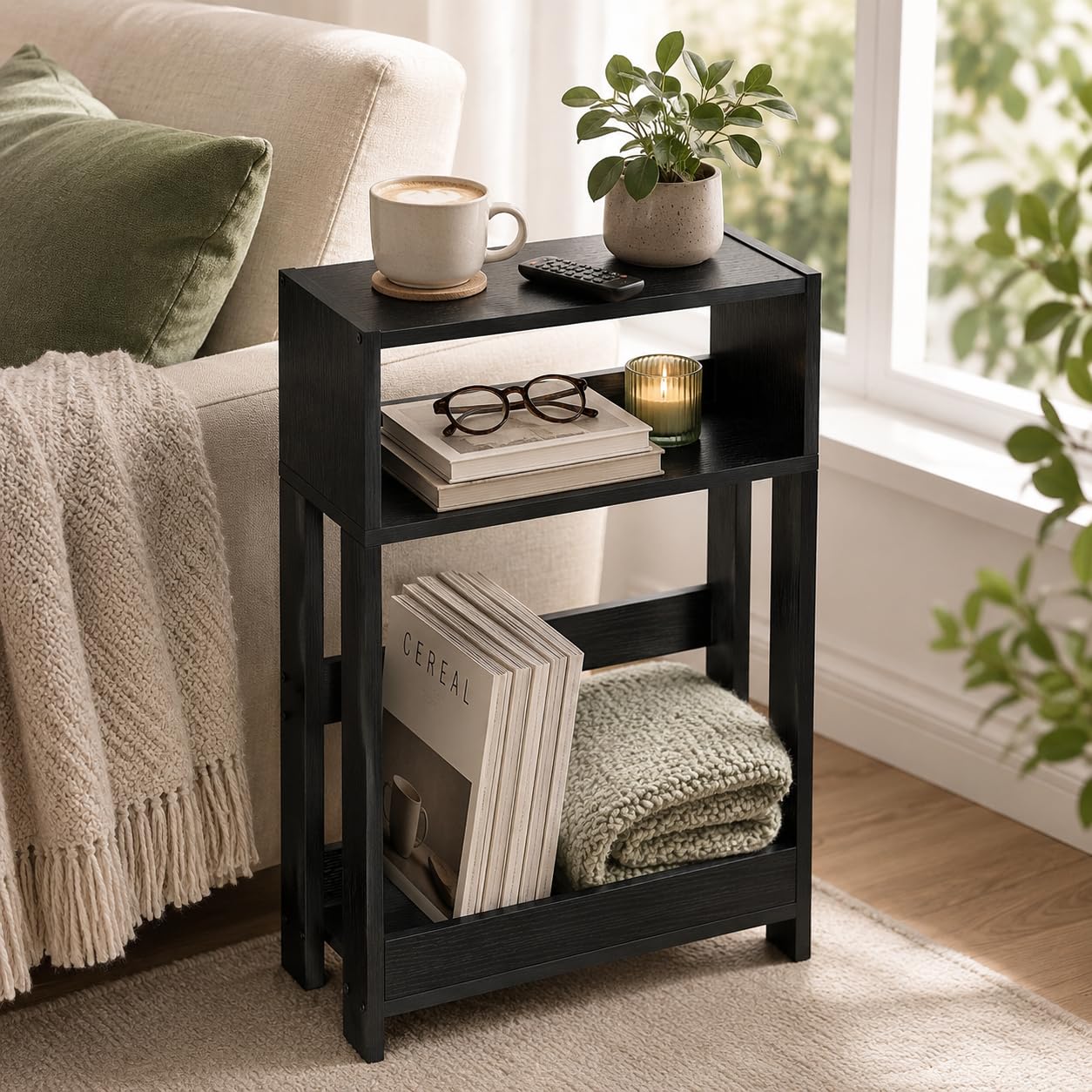 ZEXVIDA Narrow Side Table with Storage Shelf, 3-Tier Slim End Table & Nightstand for Bedroom, Living Room, Sofa Side Table for Small Spaces (Black)