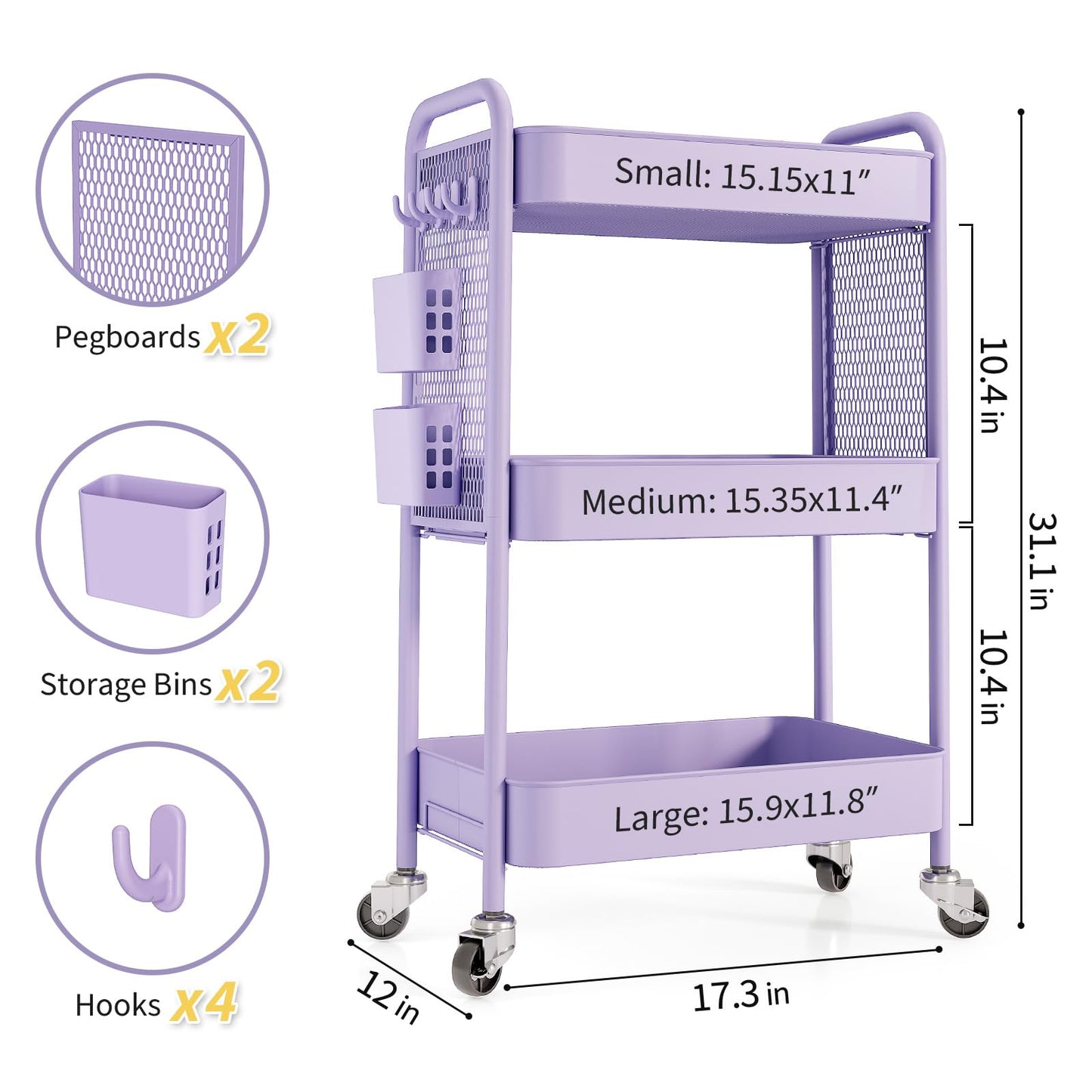Urackify 3 Tier Storage Trolley on Wheels, purple