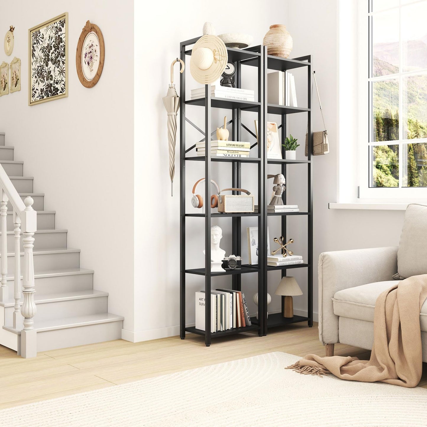 YMYNY Bookshelf, 6 Tier Storage Rack, Plant Rack, Storage Rack with Steel Frame,for Living Room, Office, Study, Hallway, Industrial Style