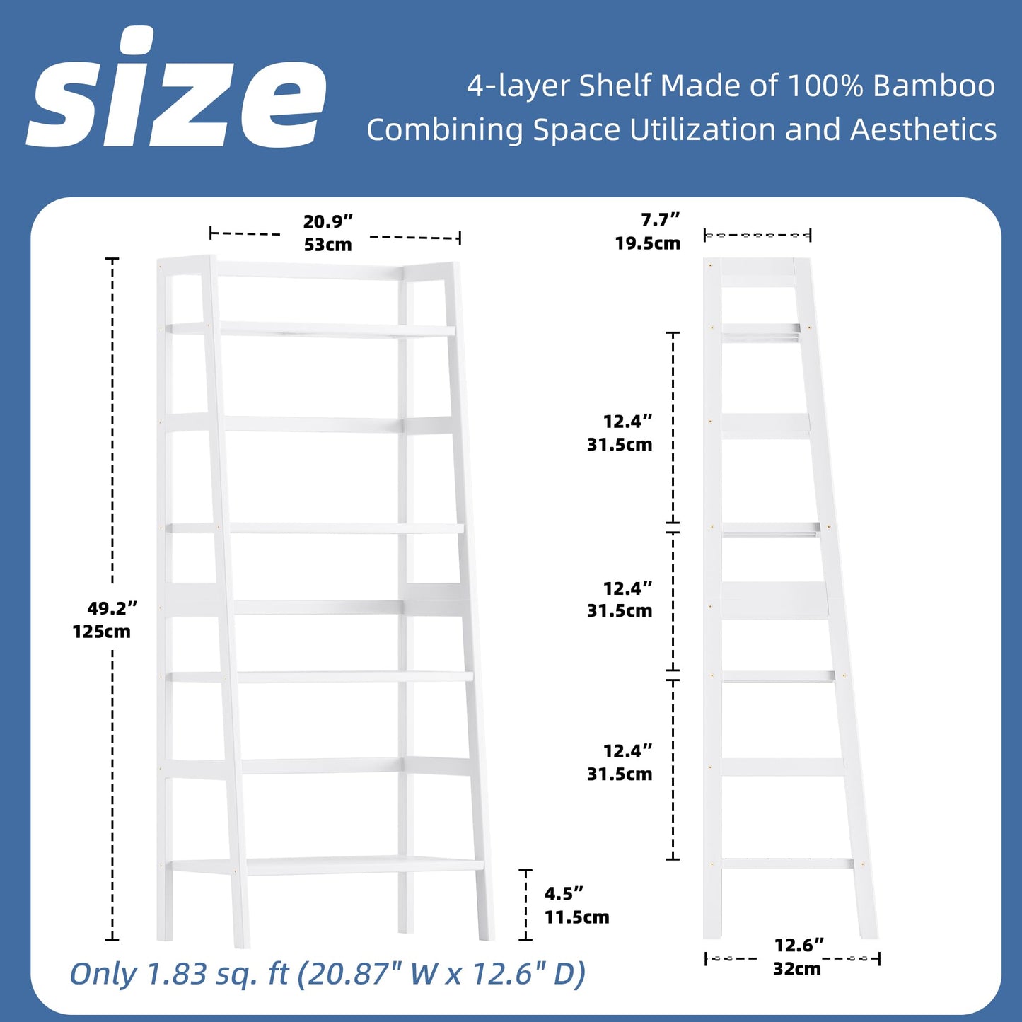 HITNET White Ladder Bookshelf, Leaning Bookcase, 4-Tier Bamboo Shelf, Floor Standing Storage Shelving Unit, Open Display Book Shelves