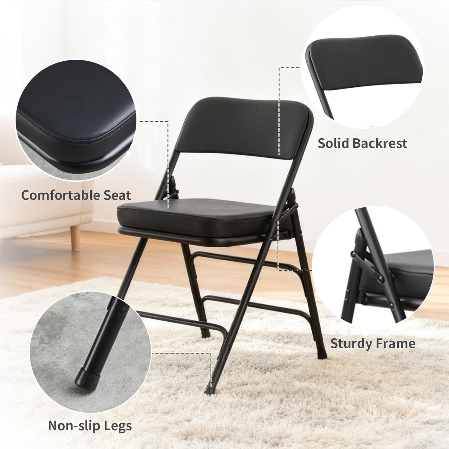 CHAIRABLE Padded Folding Chair with Thick Cushion, 1 Pack Black