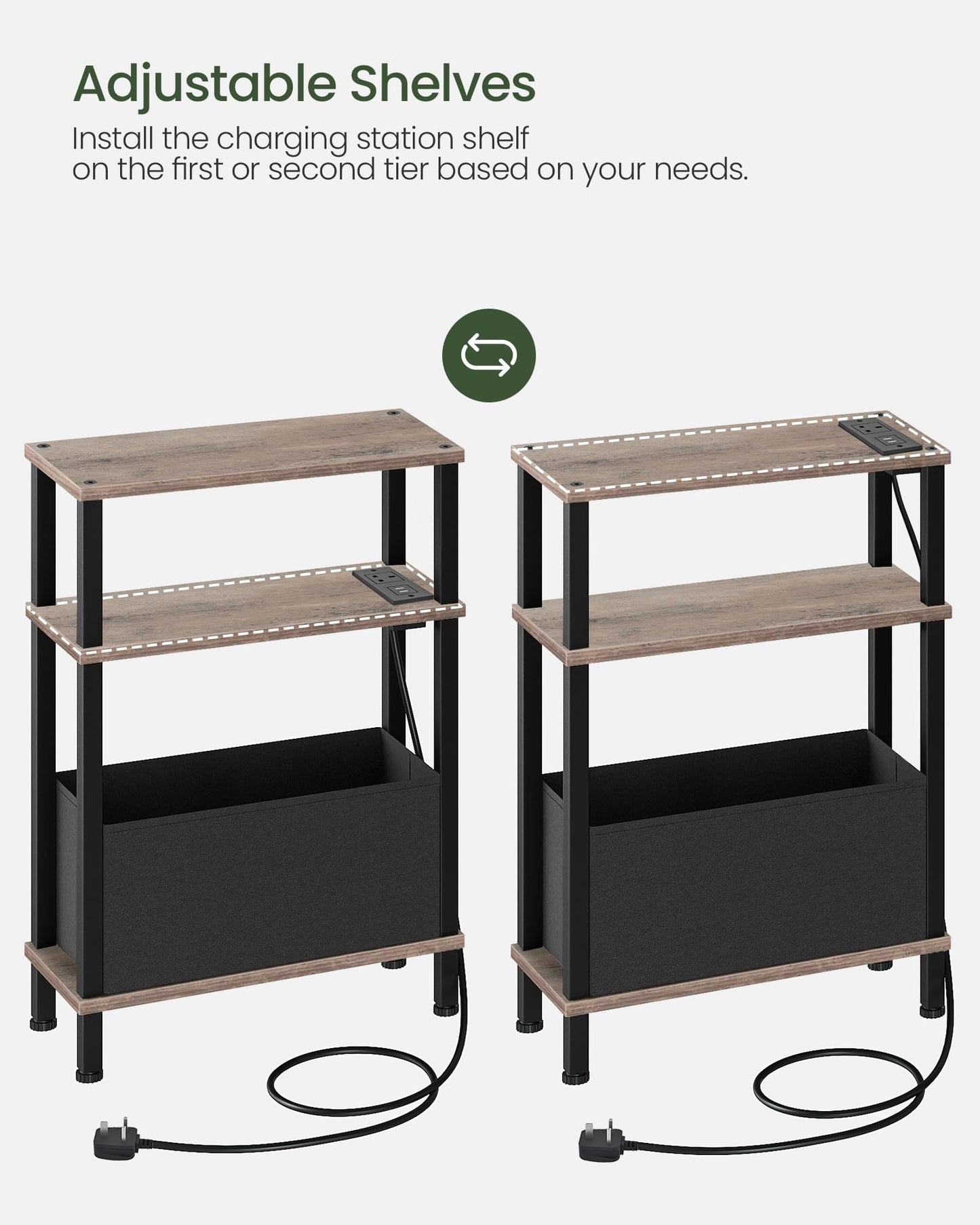 CHOEZON Slim Side Table with Charging Station, 3-Tier Narrow Side Table with Drawer, Skinny Bedside Table, End Table for Small Spaces, for Bedroom