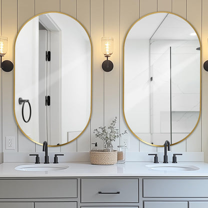 LunaMirror Wall Mirror Oval 60x90 CM Wall-Mounted Bathroom Vanity Mirror Stylish Gold Mirror Wall Decor Rectangle Wall Hanging Mirror with Curved
