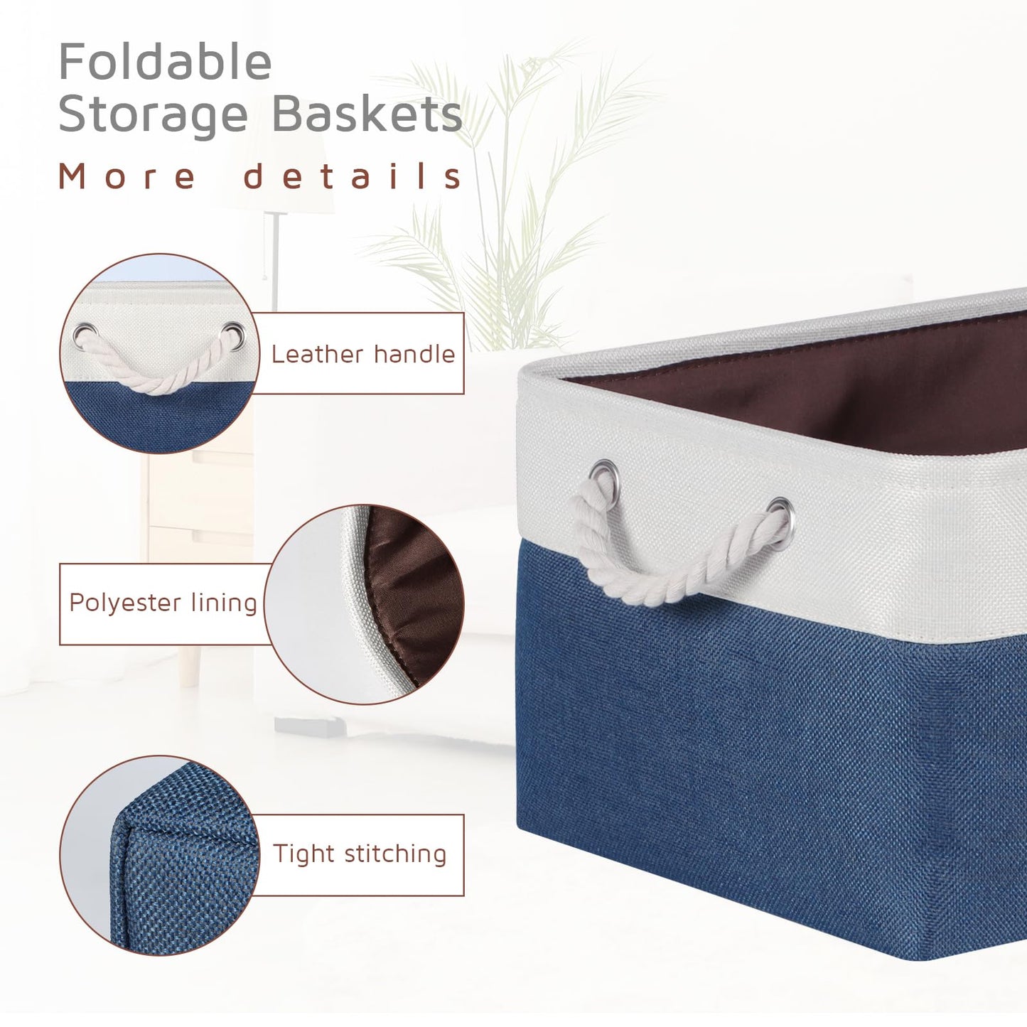 Syeeiex Storage Basket for Shelves [4 Pack], Storage Boxes with Handles, Large Fabric Storage Bins for Organizing Home and Office, White & Blue
