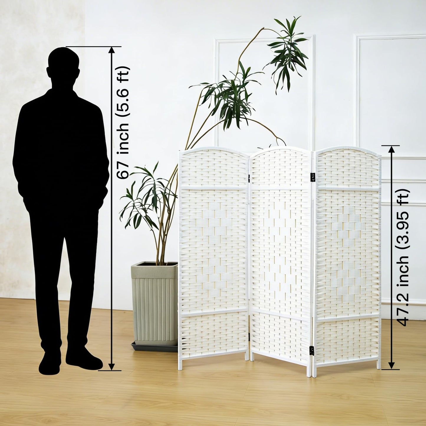 Furnnylane 3 Panel White Rattan Divider Short Room Partition Screen,Double Sided Short Folding Divider for Room Separation,120 cm Tall
