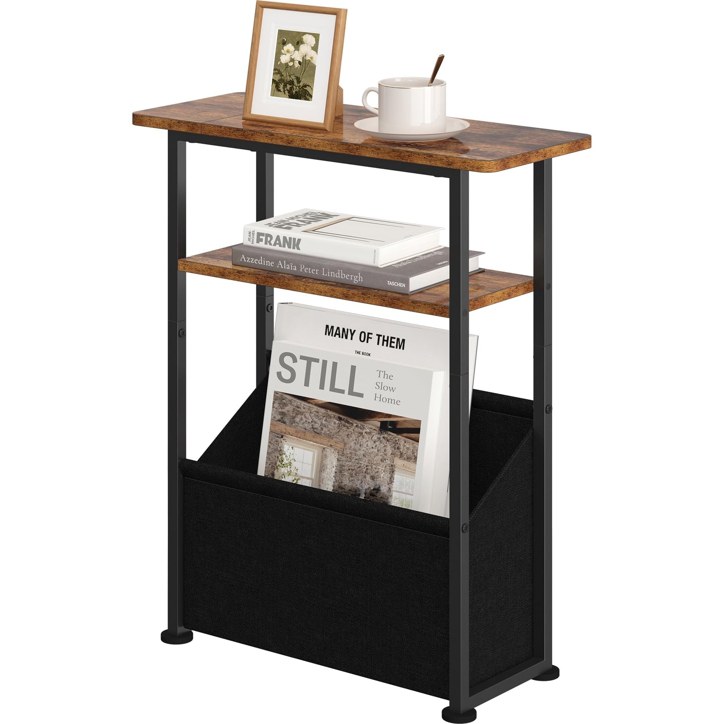 Yusong Narrow Side Table for Small Spaces, Skinny End Table with Storage Basket, 3 Tier Slim Sofa Couch Bedside Table, Thin Nightstand for Bedroom