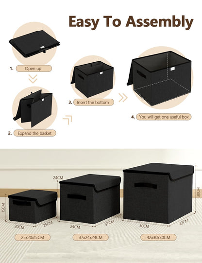 Bagnizer Large Collapsible Storage Baskets with Lids & Handles 3PCS