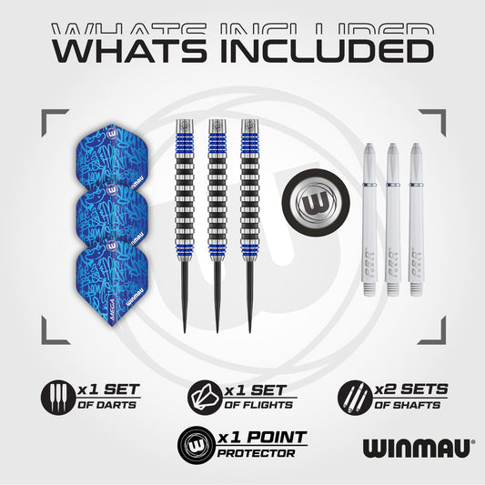 WINMAU Advance 500 Series Tungsten Blue 26 Gram Steeltip Darts Set with Flights and Shafts (Stems)