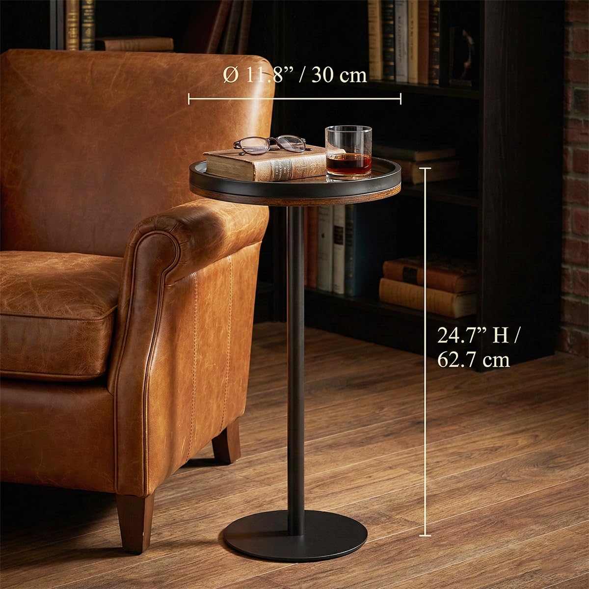 ZEXVIDA Small Round Side Table,Drink Table with Weighted Base,Industrial Metal & Wood Pedestal End Table with Tray Top