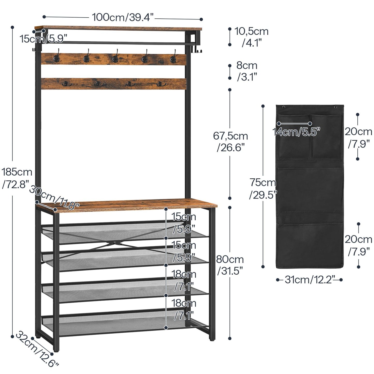 HOOBRO Coat Stand, Coat Rack with Shoe Storage, Hall Tree with Tiltable Mesh Shelves, 4 Removable Hooks, Side Storage Pocket