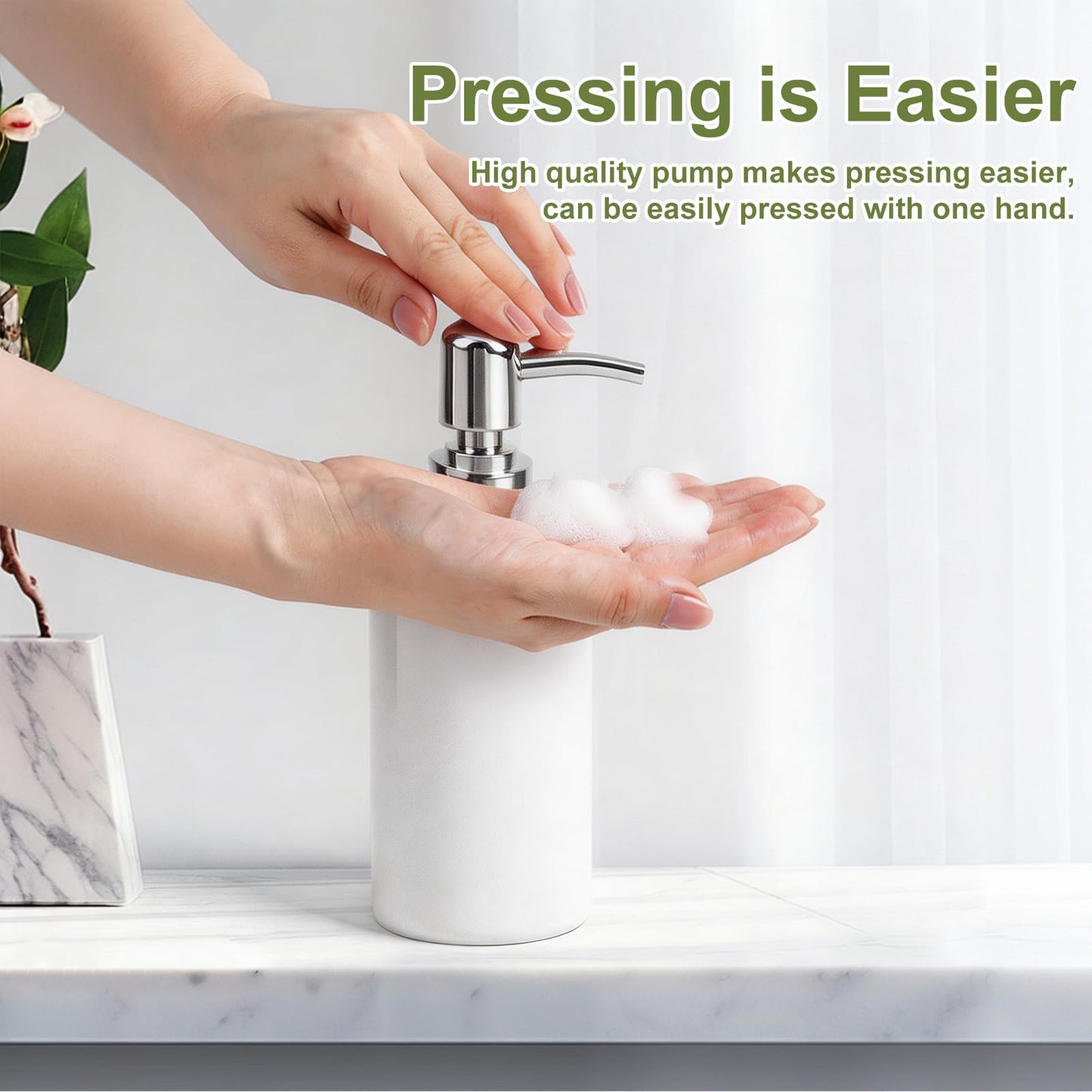 2Pcs Soap Dispenser,300ml Ceramic Cylindrical Bottle with Long Spout – Rustproof Pump, Refillable, Sturdy – Versatile for Shampoo, Lotion, Bath Milk