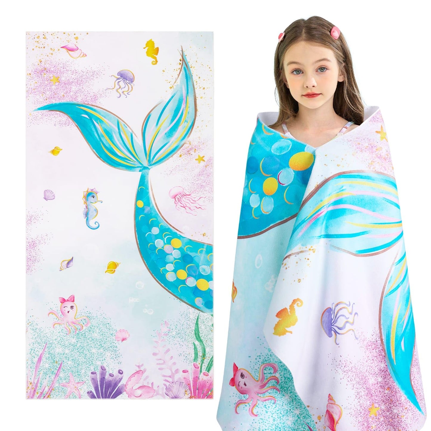 WERNNSAI Mermaid Microfibre Beach Towel for Kids, 76 x 150cm Bath Towel