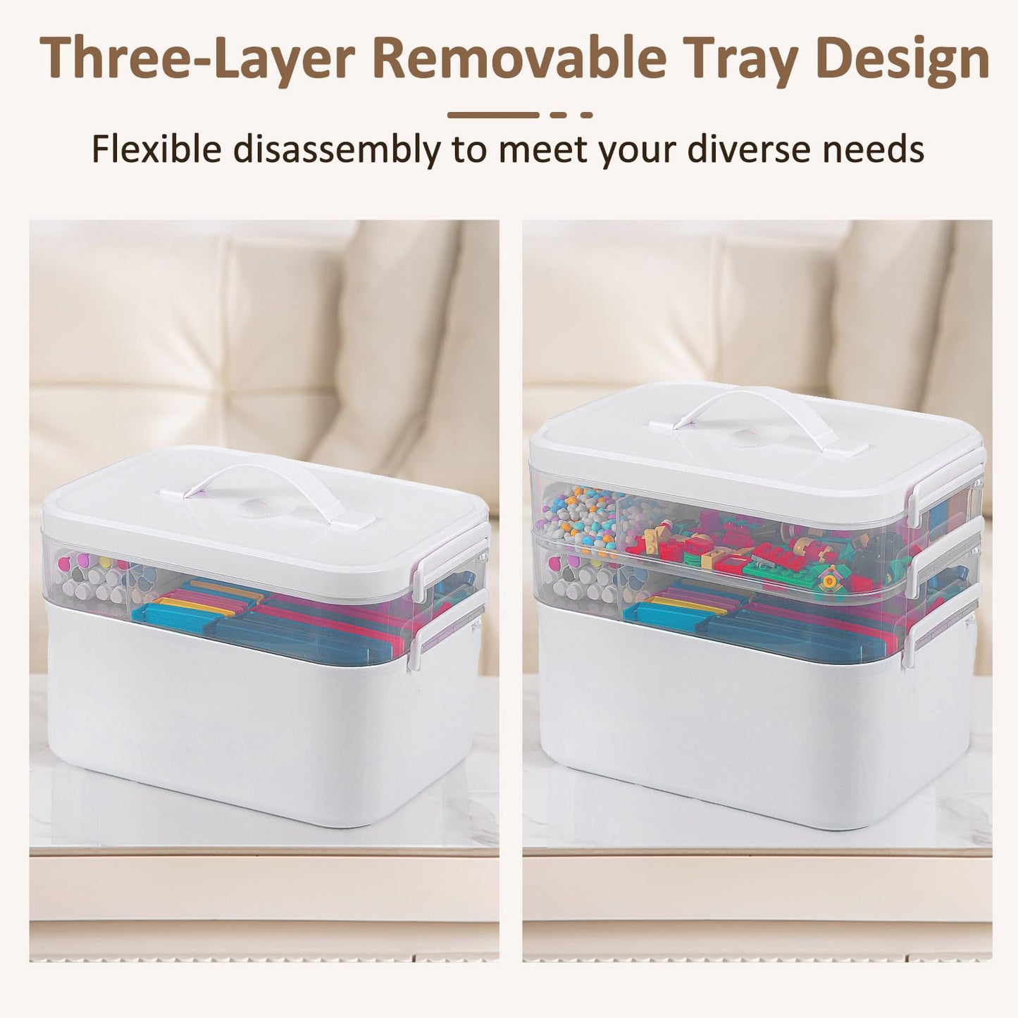 Gifhomfix 3-Layer Plastic Craft Organizers and Storage Box with Removable Trays, Storage Containers with lids and Handle