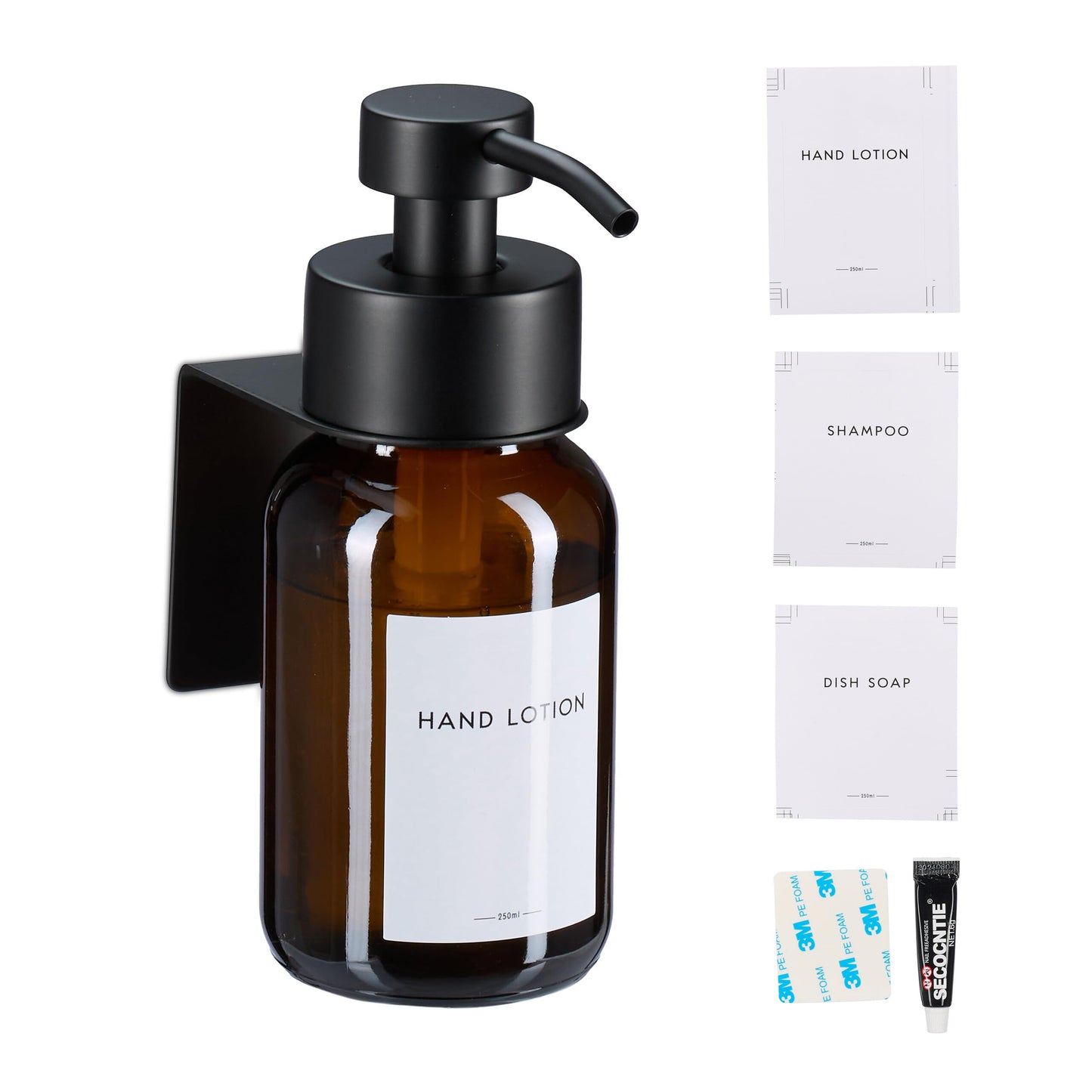 Relaxdays Soap Dispenser, 1-Piece, 250 ml, Glass, Stainless Steel, Wall-Mounted, Adhesive, Sanitiser Pump, Brown/Black