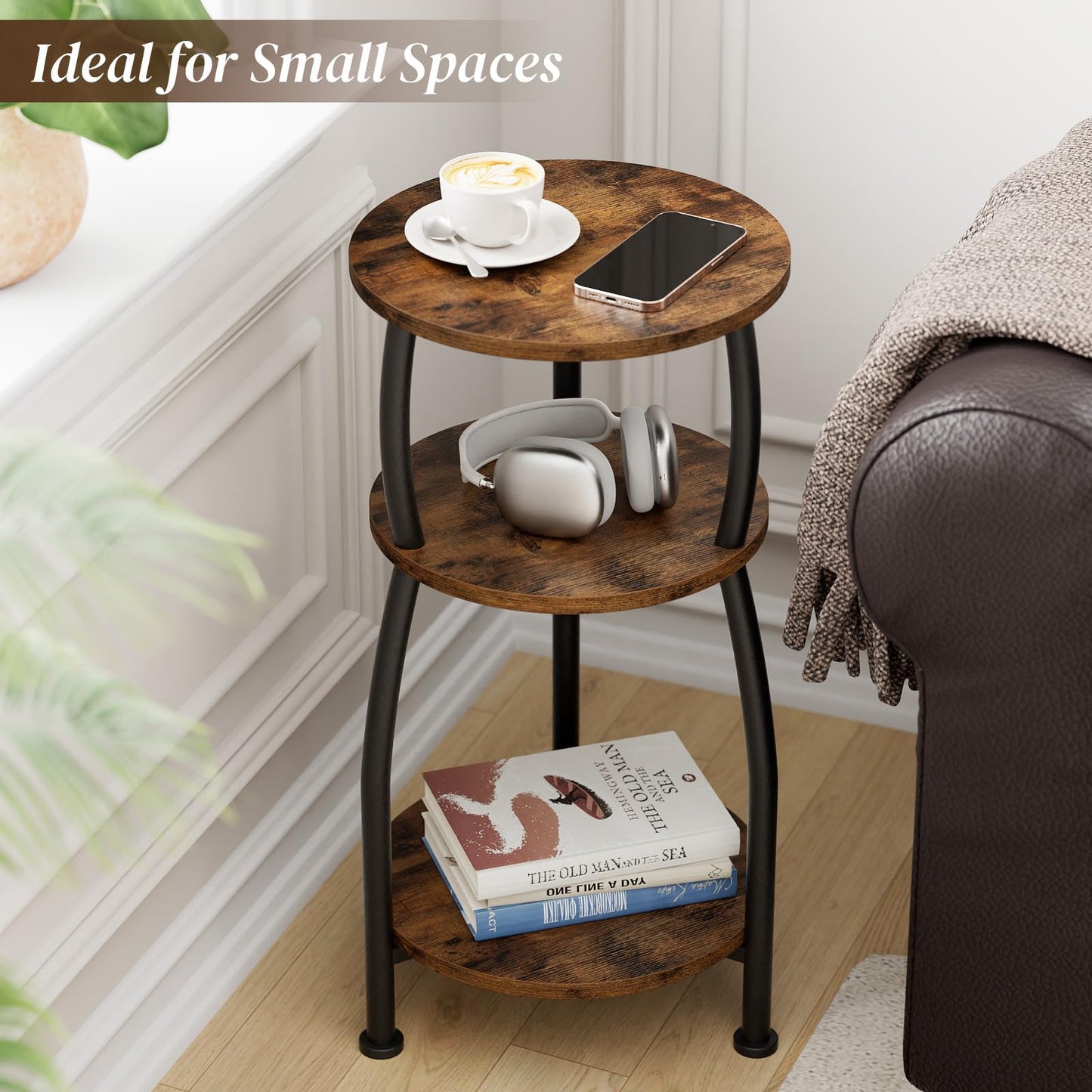 Yuede Round Side Table, 3 Tier Slim Round Coffee Table, Small End Table with Storage Shelf, Bedside Table, for Living Room, Bedroom, Small Space