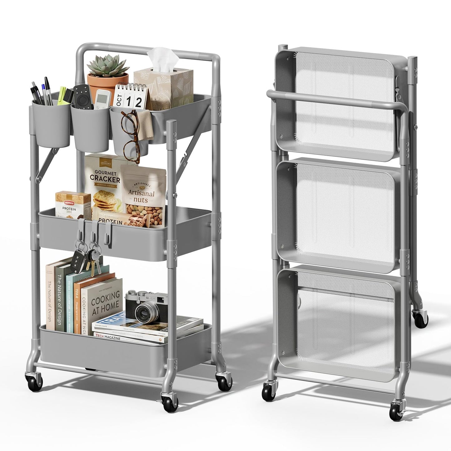 Shrivee 3-Tier Foldable Metal Organiser - Shelf Cart on Wheels, Grey