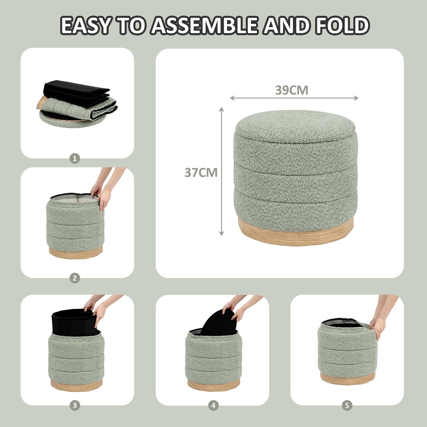 PINPLUS Round Chenille Storage Ottoman, Tray Top, 39x39x37 cm, Sage Green