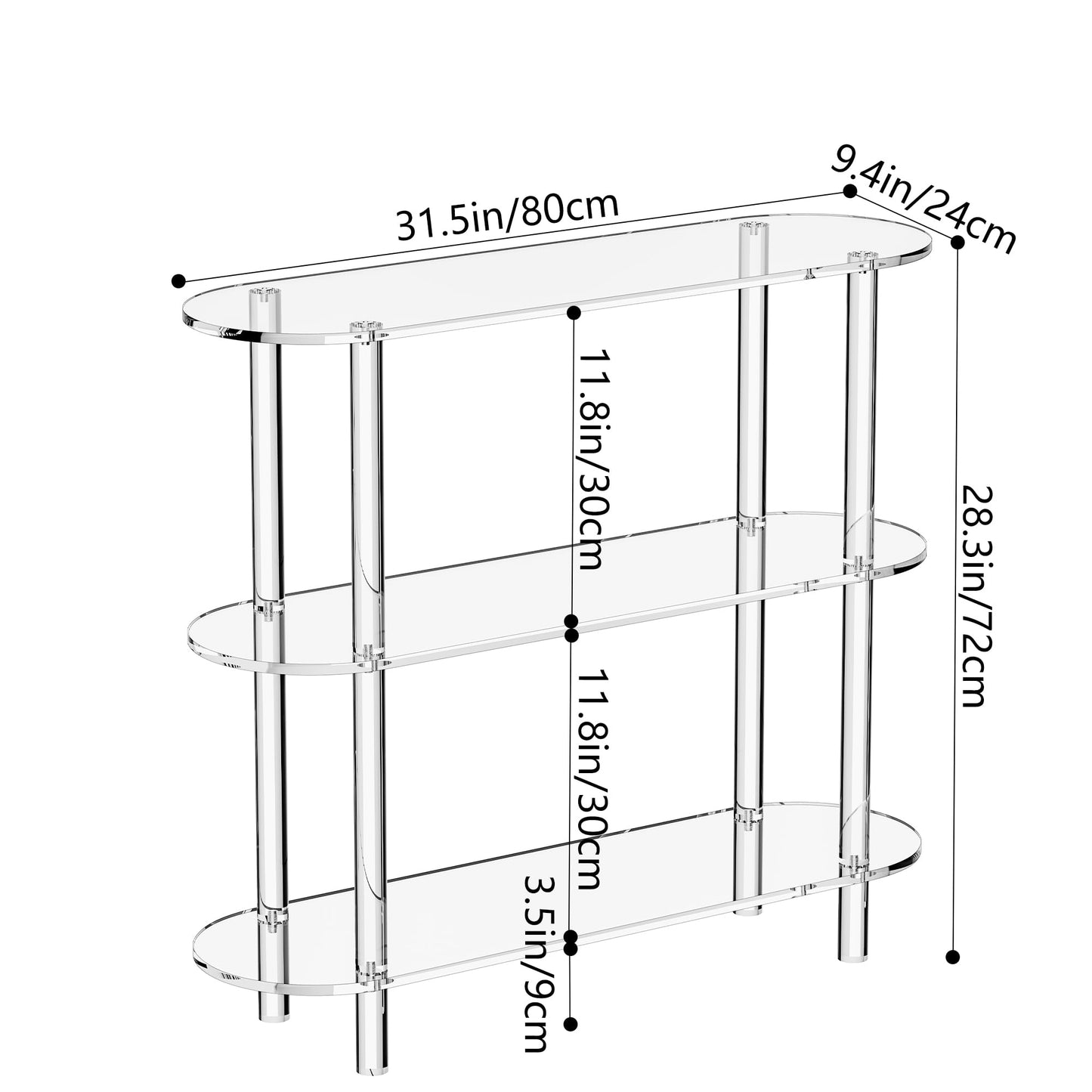 Clear Acrylic Bookshelf Bookcase, Narrow Oval, 3 Tier, 80 x 24 x 72 cm