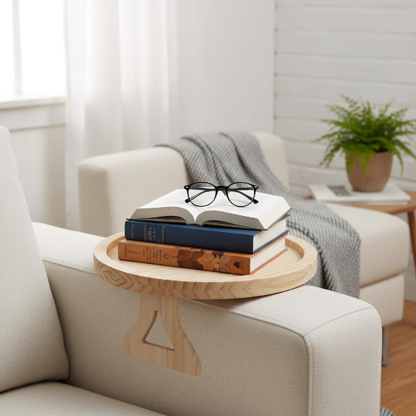 wellrun Natural Pine Wood Sofa Armrest Tray,Foldable Clip-On Side Tables for Couch,Portable Round Arm Table for Drinks Snacks Remote Books