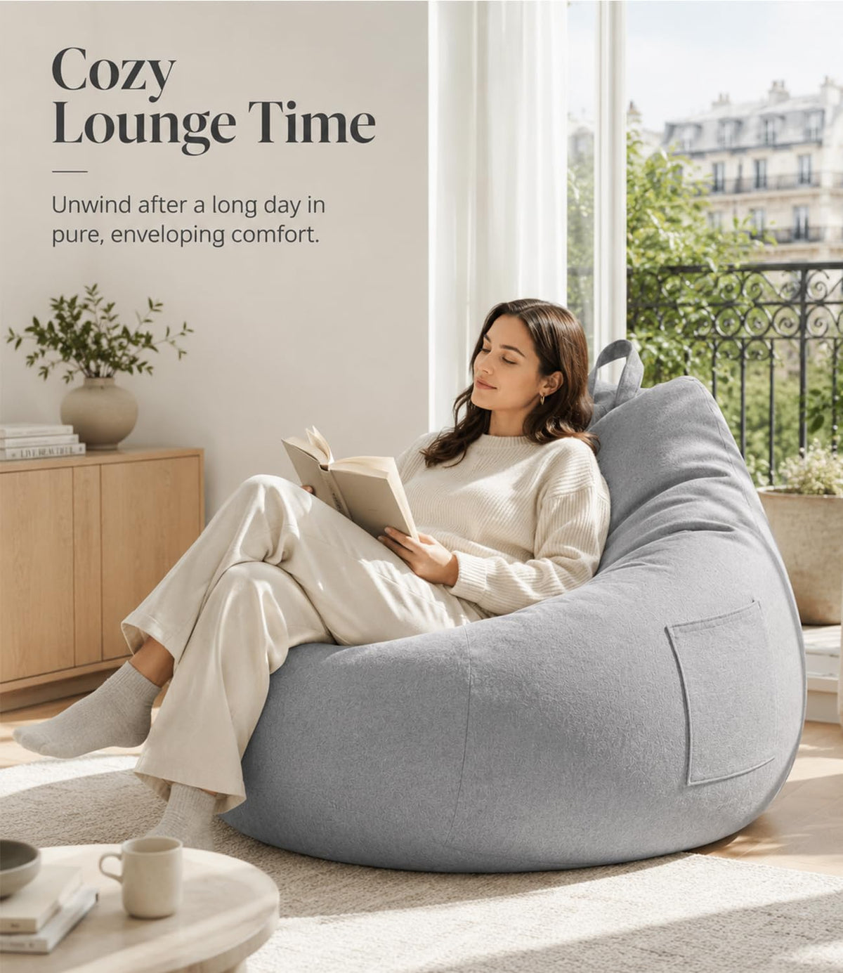 Highdi Large Bean Bag Without Fillings - Cotton Linen Durable & Comfortable, Light Grey Storage Bean Bag Chair for Living Room/Gaming Room