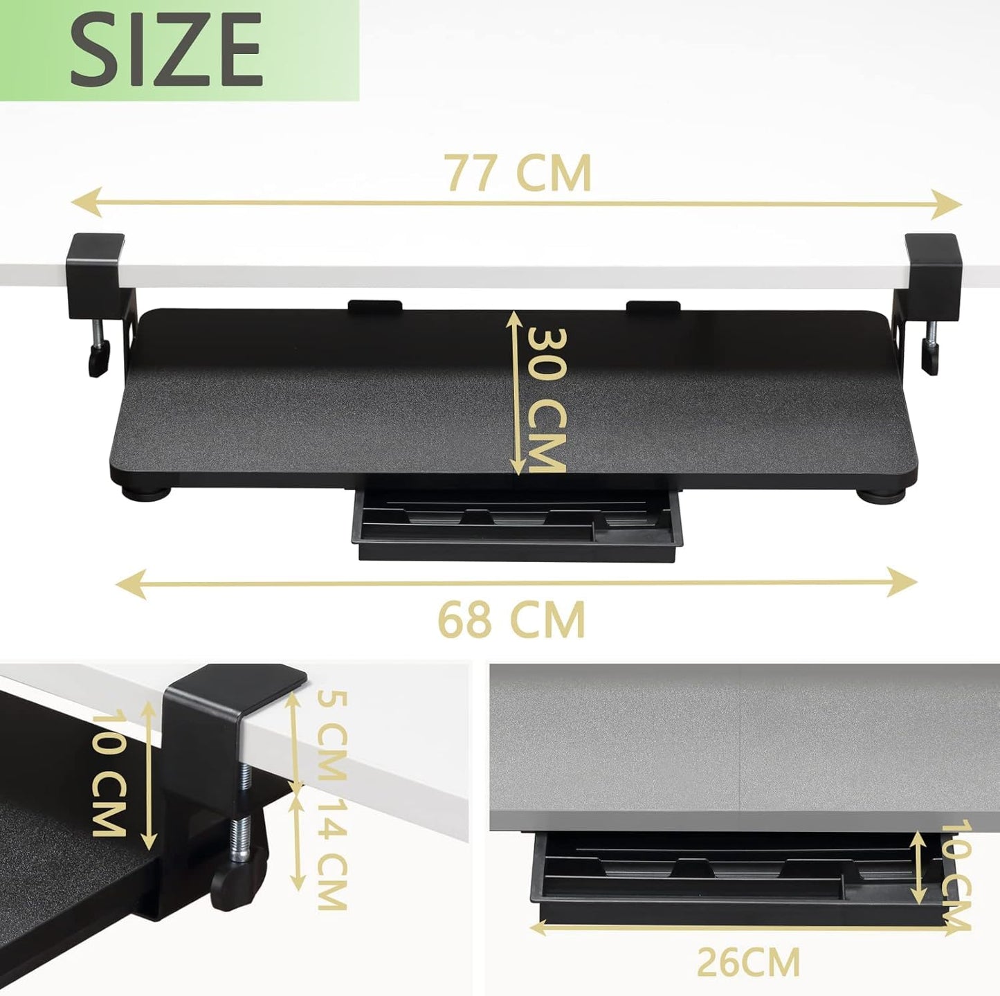 ETHU Under Desk Keyboard Tray, 68x30cm Ergonomic Pull-out Tray with C-Clamp Large Size Keyboard Tray Mount Easy to Install