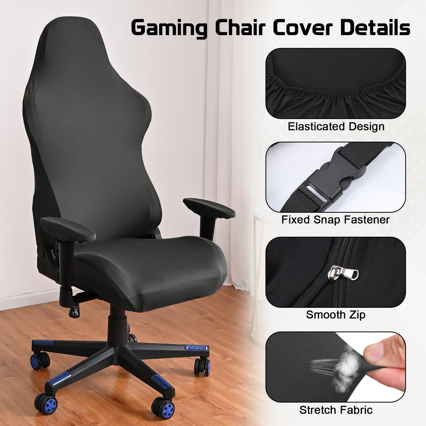 6Pcs Gaming Chair Set - Soft Breathable Black Stretch Cover & Arm & Headphone Accessories for Office & Computer Swivel Chairs