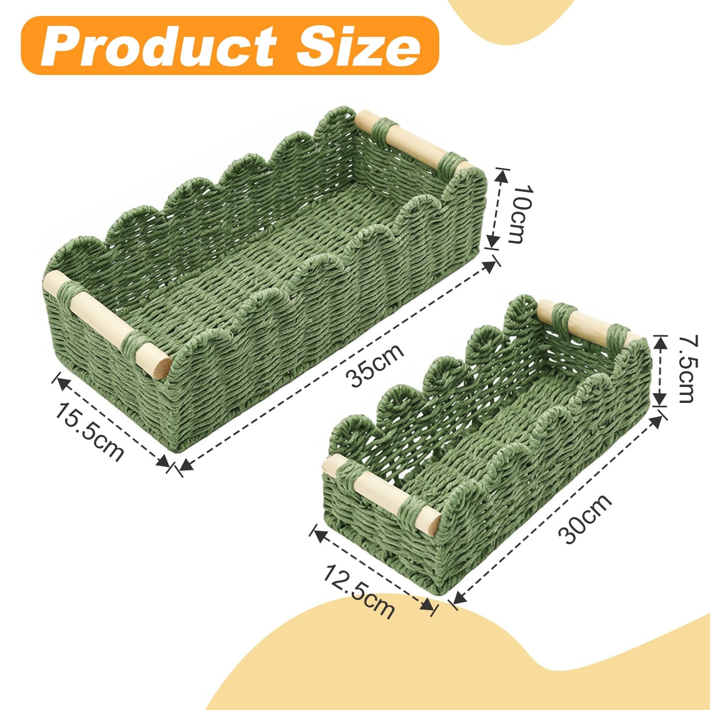 Yiomxhi 2 Pcs Wicker Storage Baskets, Woven Organizer Bins with Wooden Handles, Rope Scalloped Edge Toilet Paper Baskets for Bathroom, Shelf, Kitchen
