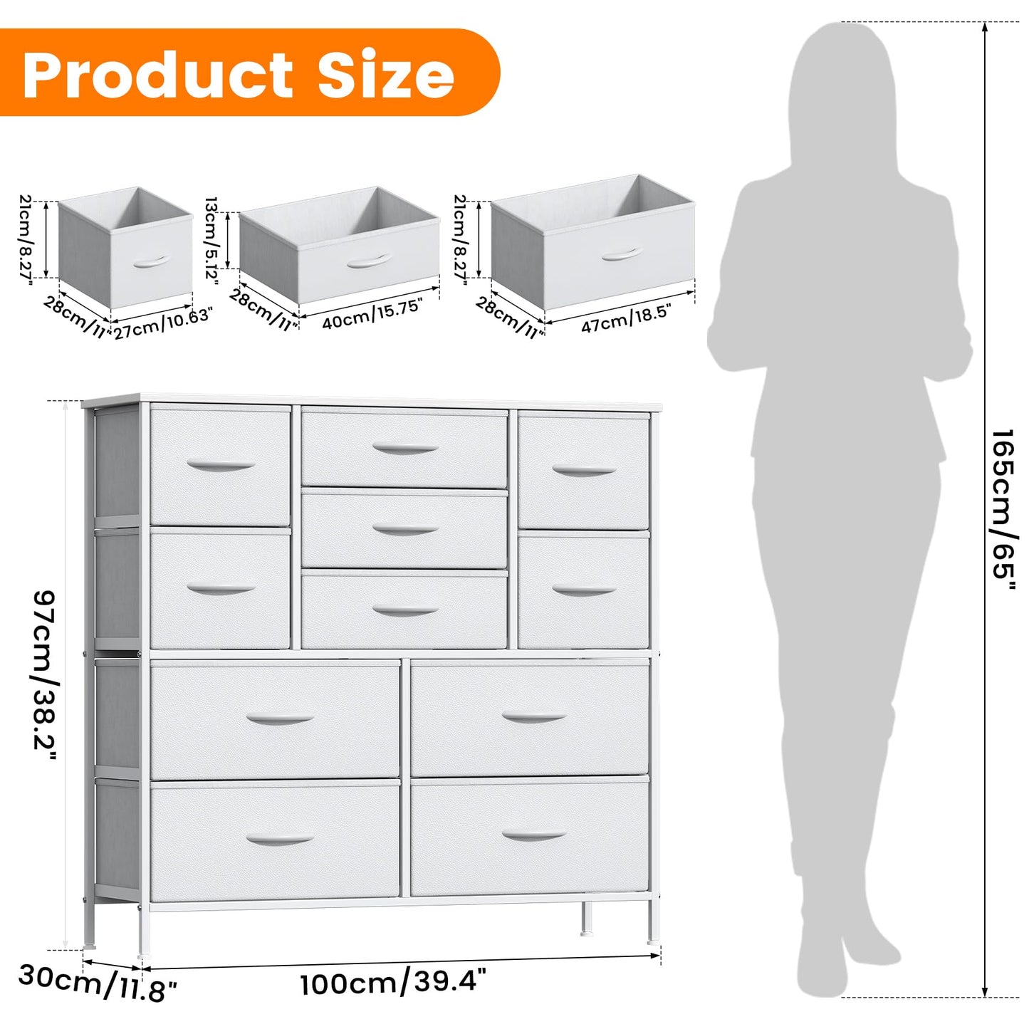 Feonase Chest of Drawers,Bedroom Tall Dresser with 11 Fabric Drawers, Metal Frame & MDF Wood Top, Adjustable Feet, Storage Organizer Unit for Bedroom