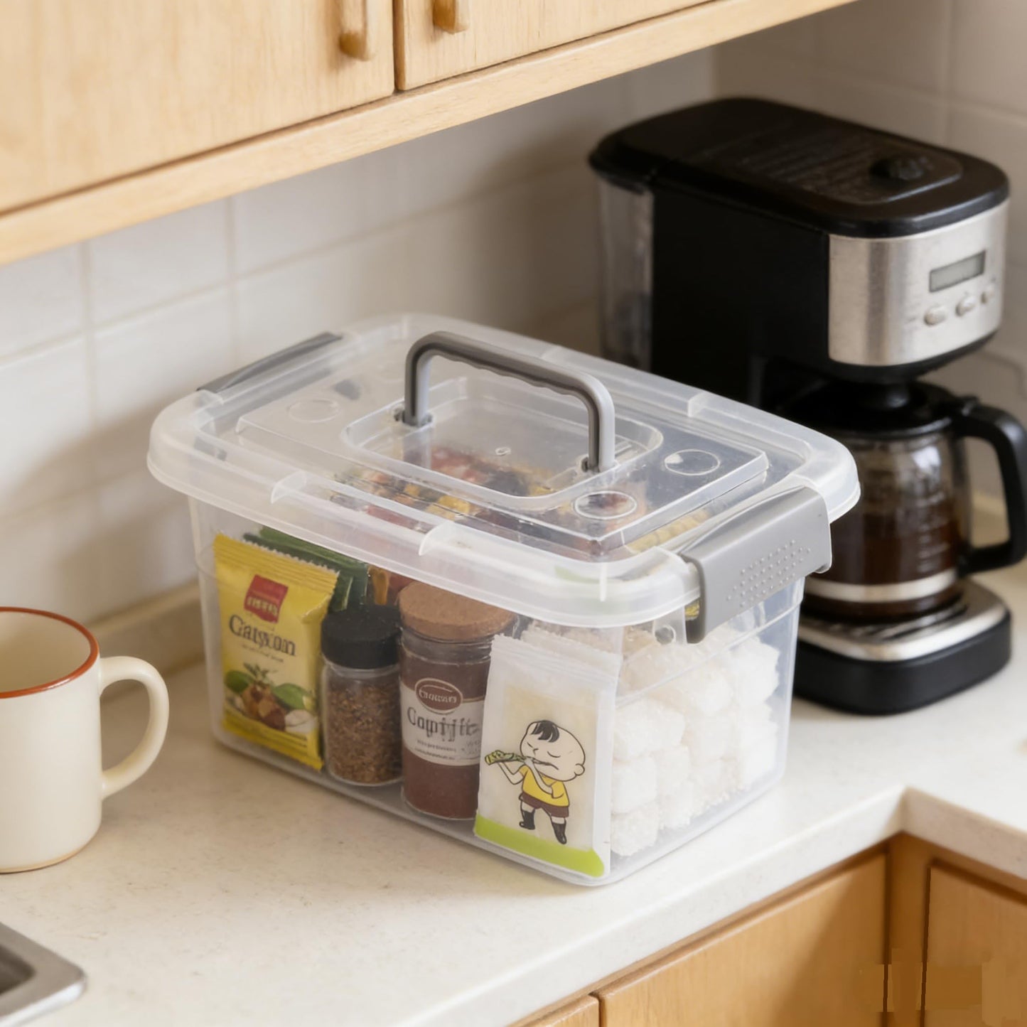 Minekkyes 6-Pack Home Storage Bins, Plastic Container, Latching Box with Handle (Grey Handle)