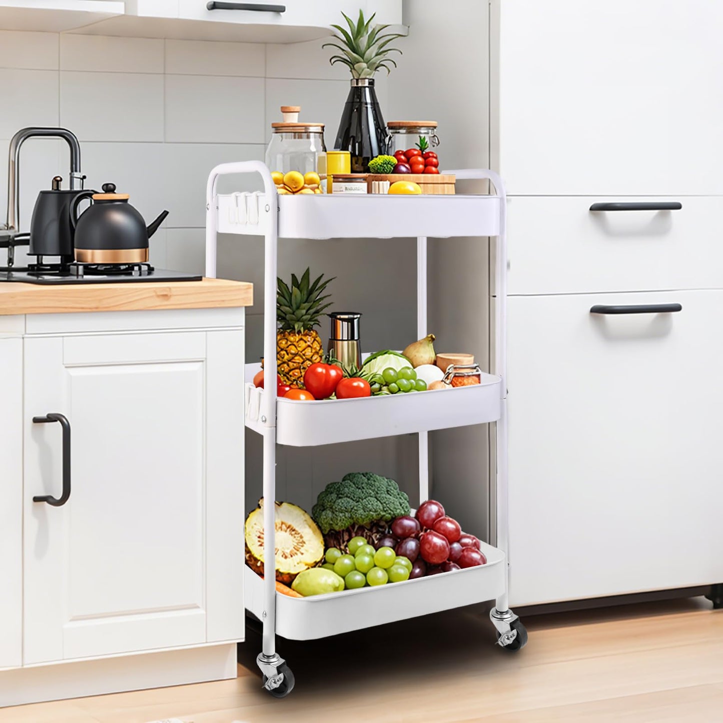 Viuxule Storage Cart, 3 Tier Metal Trolley Cart with Wheels, White Rolling Utility Cart for Kitchen, Bathroom, Office, Bedroom