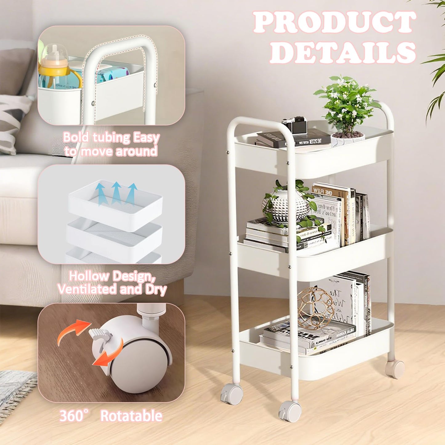 Eidoct Beauty Trolley on Wheels 3 Tier Storage Trolley with handle Space-Saving Beauty Trolleys Rolling Utility Cart Craft Trolleys on Wheels for