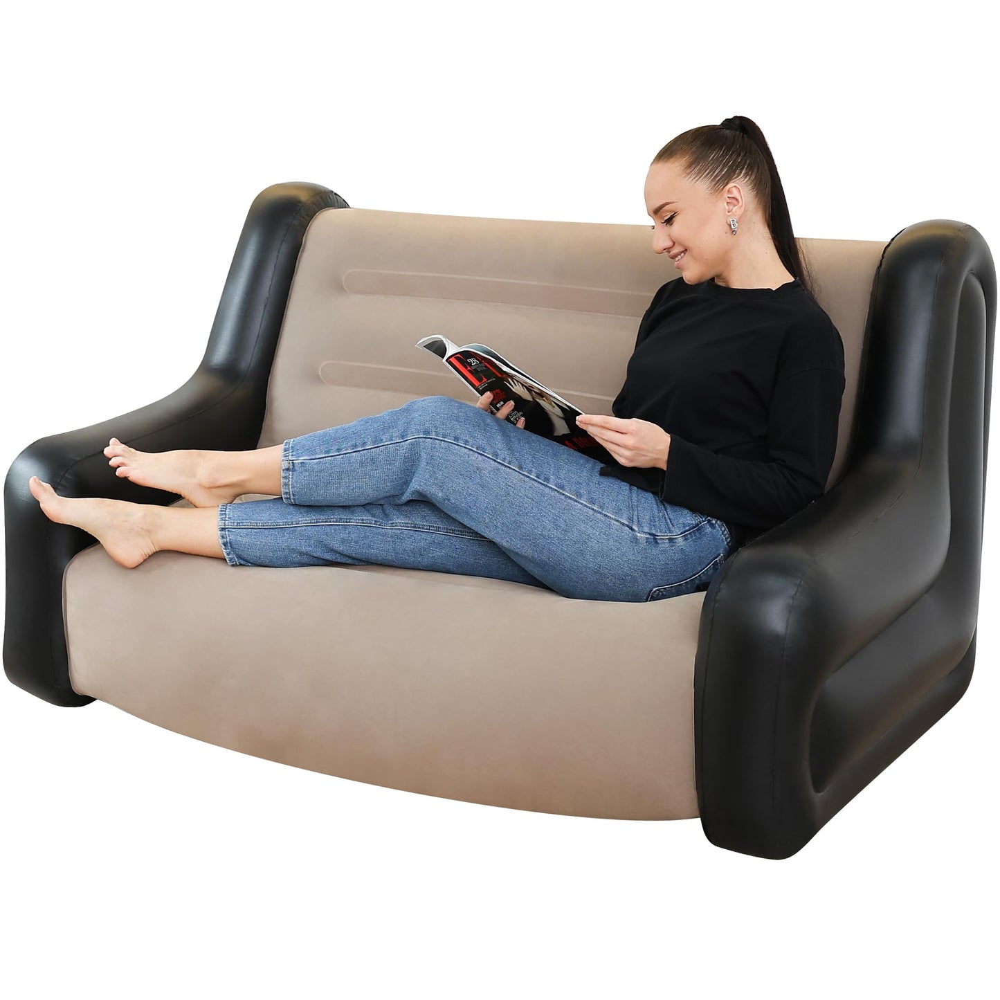 LONEEDY Inflatable Two-Tone Chair Sofa with Armrests Blow up Seat Game Room Lounger, Outdoor Camping Garden Couches Soft Plush Fabric for Adults Kids