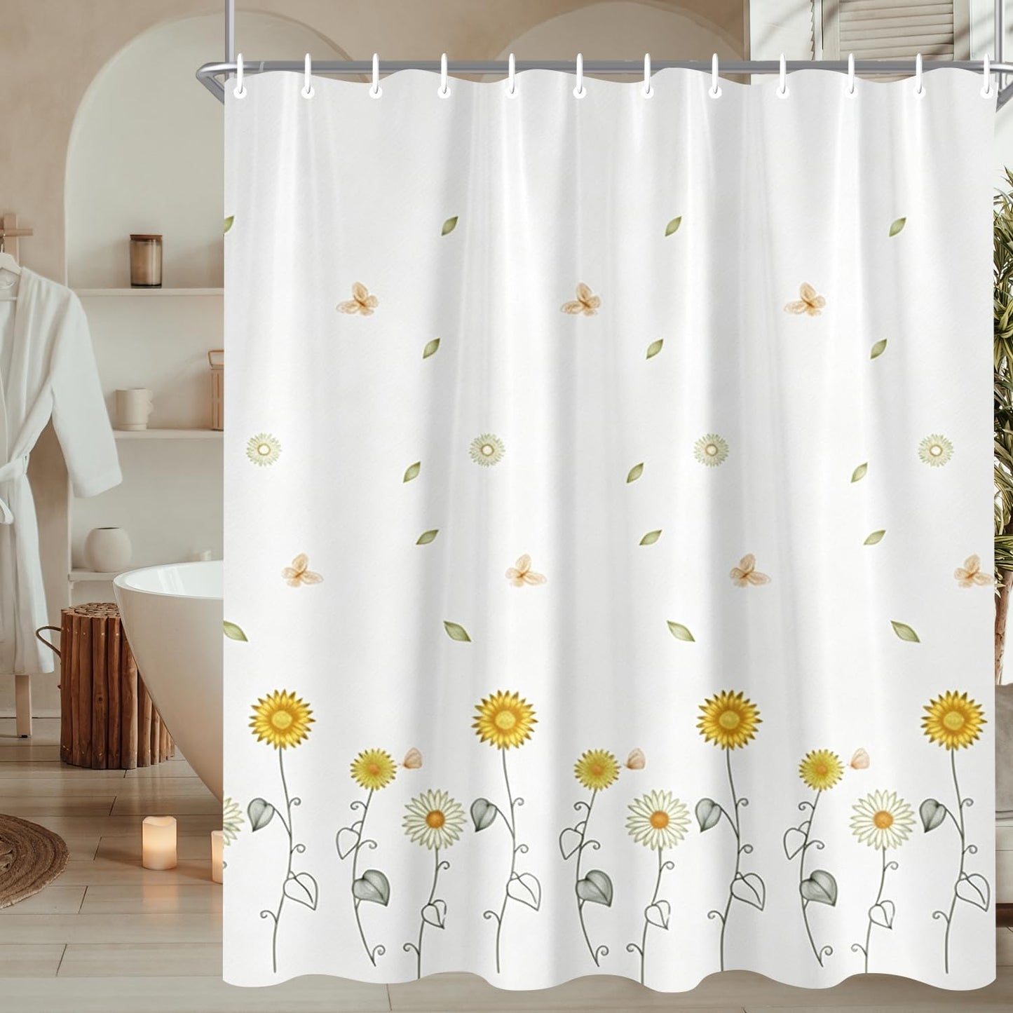Lerores Shower Curtain, 180 x 200 cm, Dancing Sunflowers, Weighted Hem, Anti-Mould, Water-Repellent