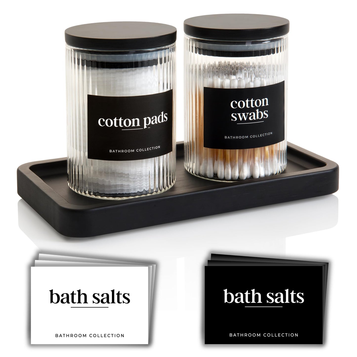 Mason & Fable Ribbed Glass Bathroom Jars with Airtight Black Bamboo Lids | Cotton Pad/Buds/Q tip Holder