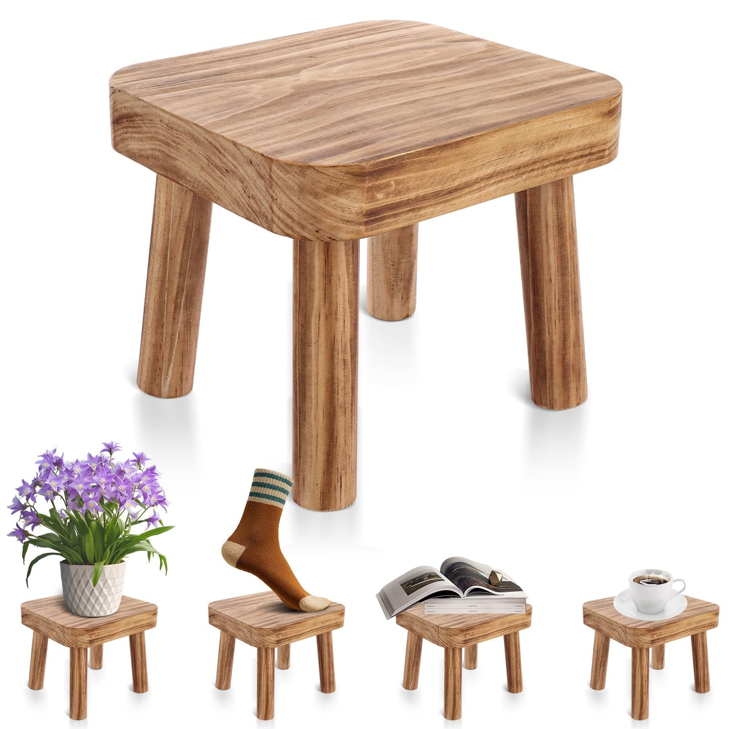 LOLYSIC Small Wooden Stool, Pine Wood Plant Stand 24 x 22 x 20 cm, Mini Square Stool with Removable Legs, Low Wooden Step Stool