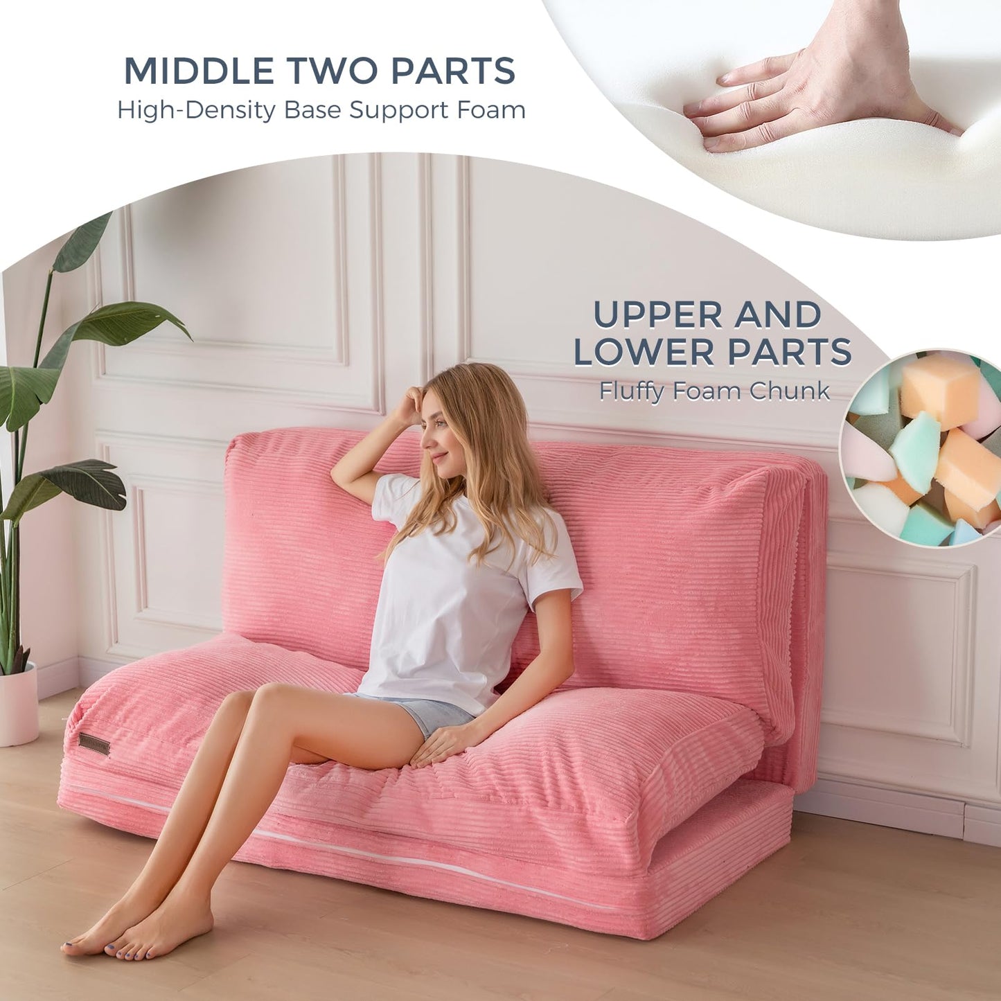 MAXYOYO Folding Corduroy Sofa Bean Bag Bed Chair Foam Filling Extra Thick 4 Fold Floor Couch Matress for Adults