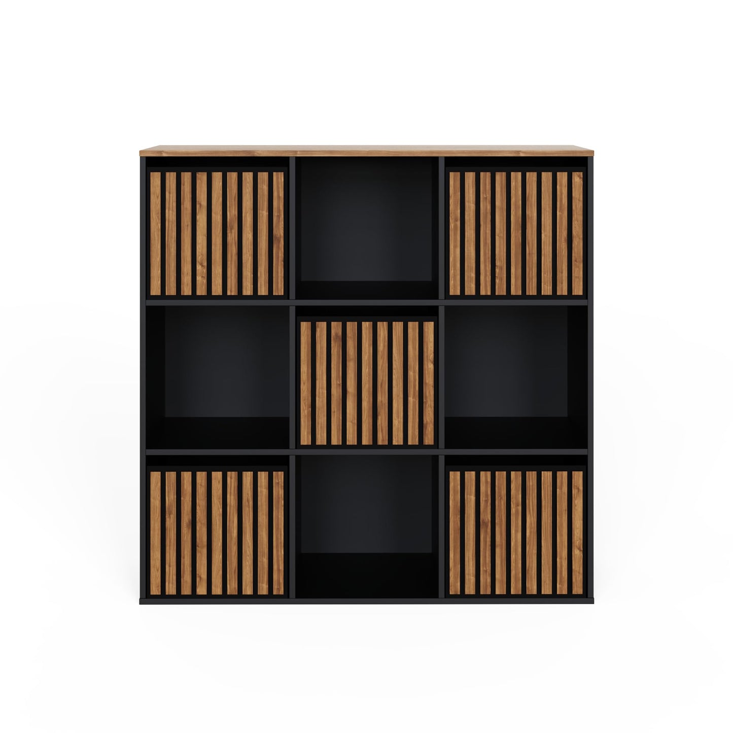 GFW Kube Cube 3x3 Storage Unit, Black & Walnut Effect Shelving Unit with Open & Hidden Storage