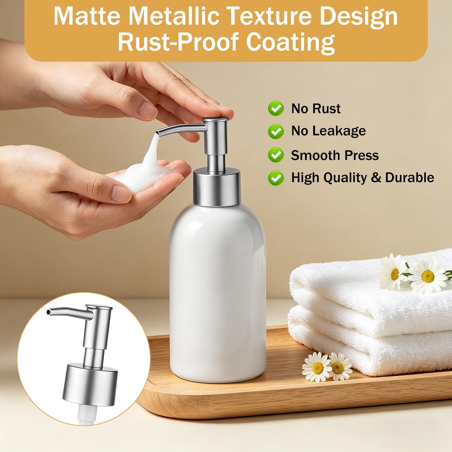 Hejo 350ml Ceramic Soap Dispenser with Matte Silver Pump, Refillable Liquid Hand Wash Soap Dispenser for Laundry Room, Bathroom & Kitchen(White)