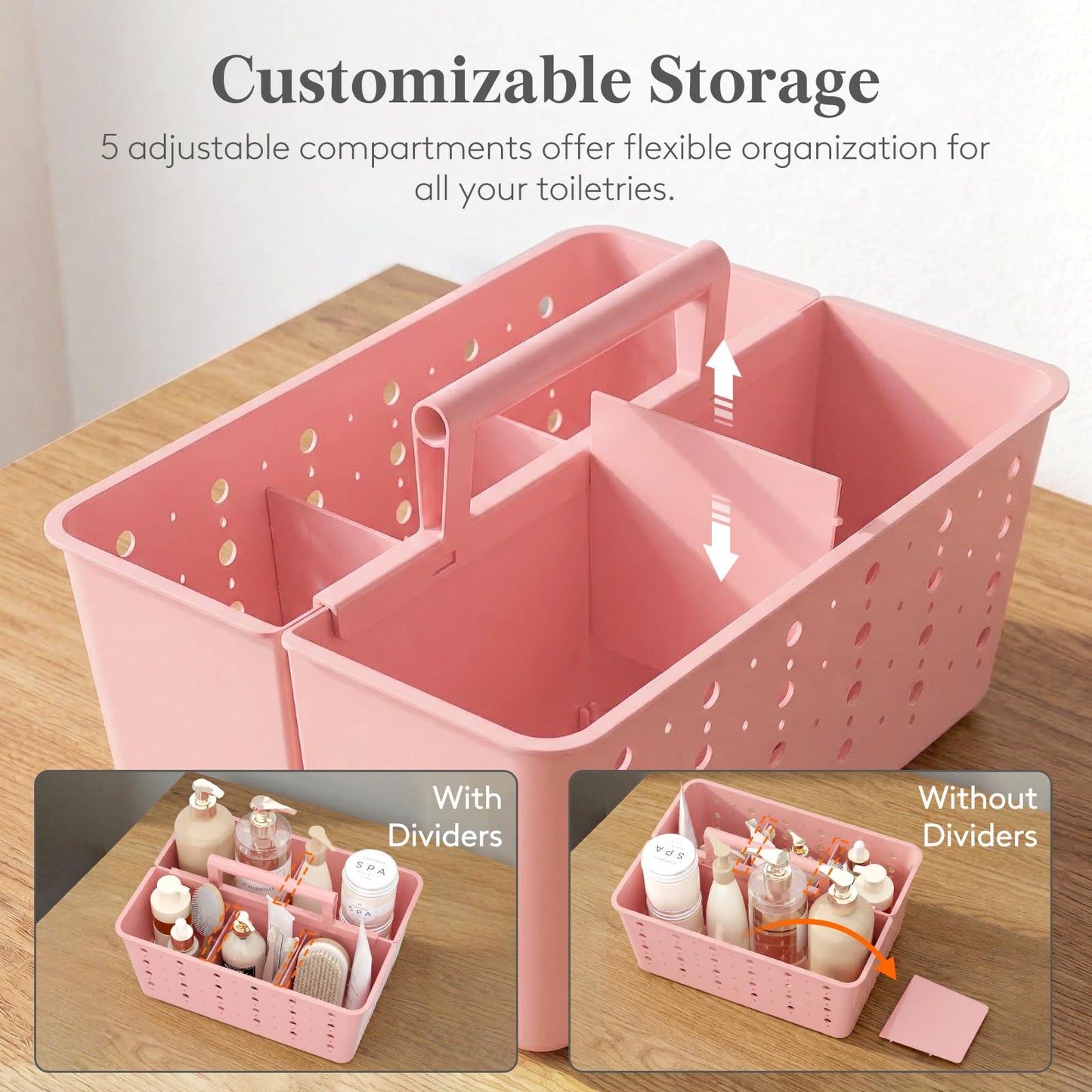 Lifewit Plastic Shower Caddy with Compartments and Handle, Pink