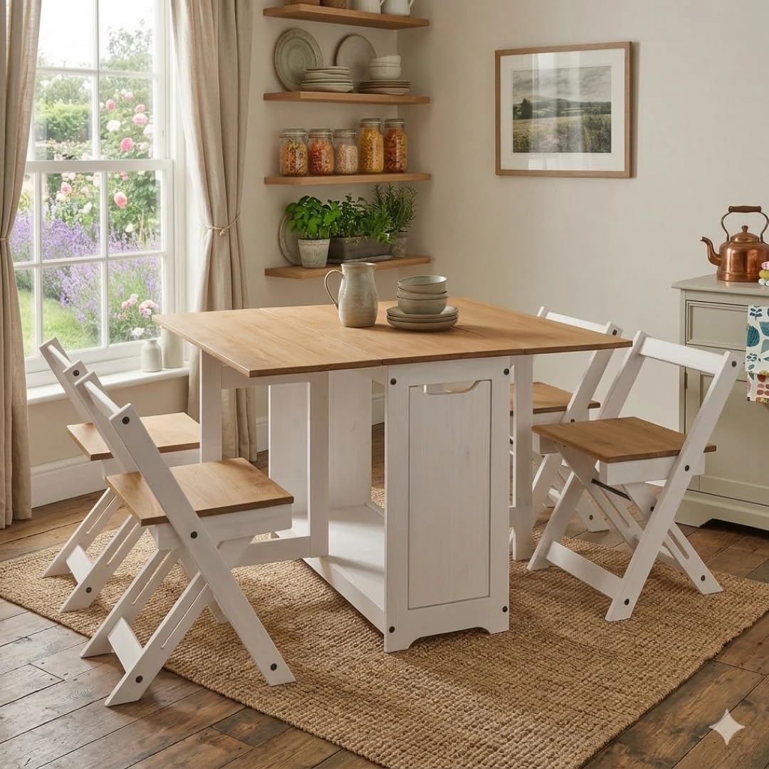Mews Corona Butterfly Santos Dining Set White 4 Seat Folding Drop Leaf Table with Chairs Solid Mexican Pine