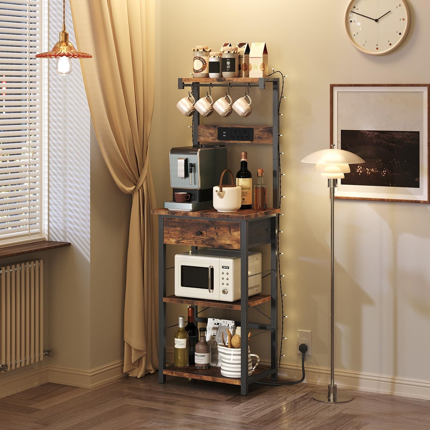 MAHANCRIS Bakers Rack, Microwave Stand, Coffee Bar Station, Kitchen Storage Shelf Rack with Drawer and Power Strip, 4 Hooks, for Kitchen, Living Room