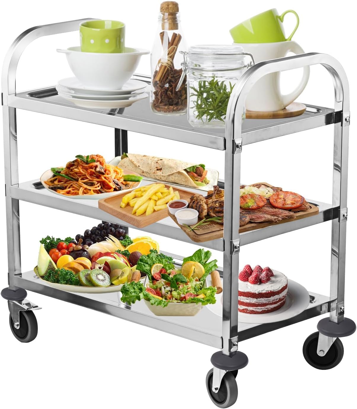 ALPIKA 3 Tier Stainless Steel Large Serving Catering Cart Utility Rolling Cart Kitchen Island Trolley Storage Cart with Locking Wheels