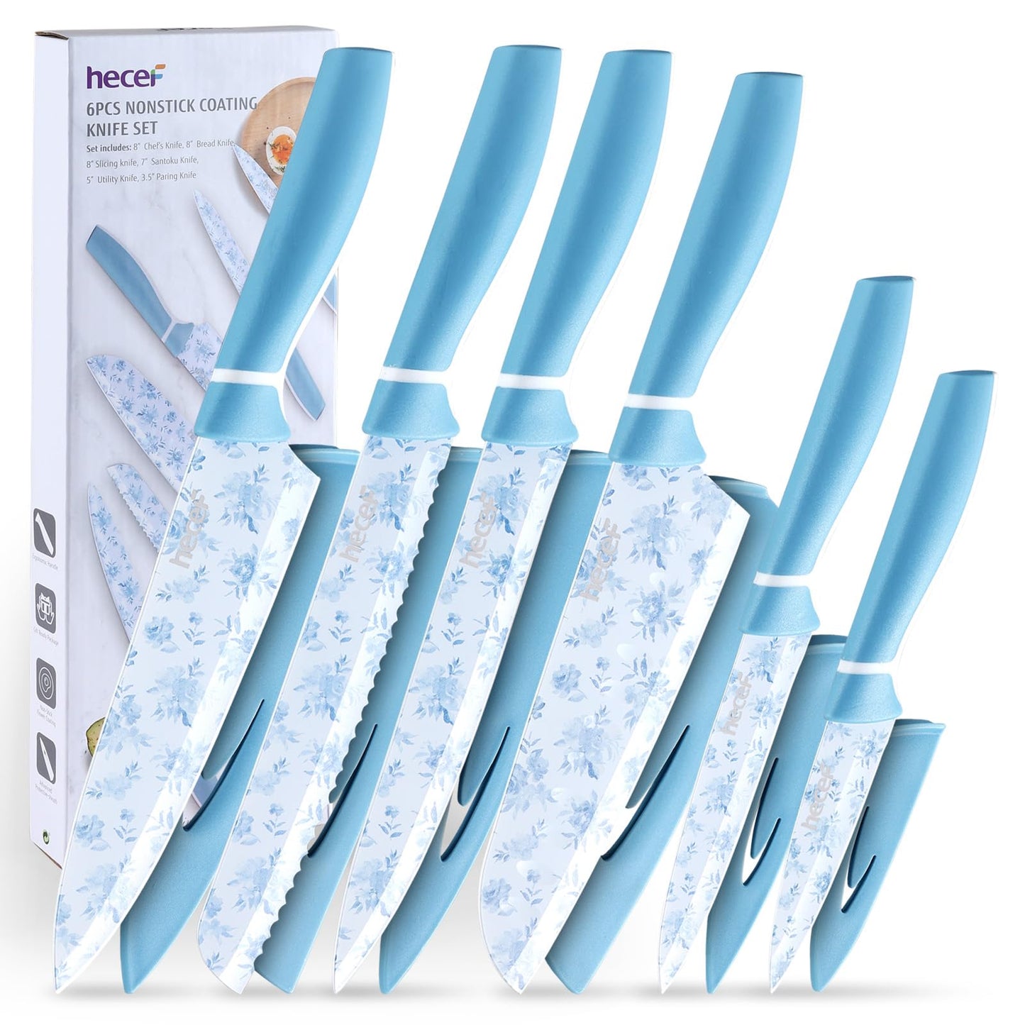hecef Blue & White Porcelain Coated Knife Set, 6-Piece Stainless Steel Non-Stick Kitchen Knives with Ergonomic Handle, Protective Sheaths, Floral