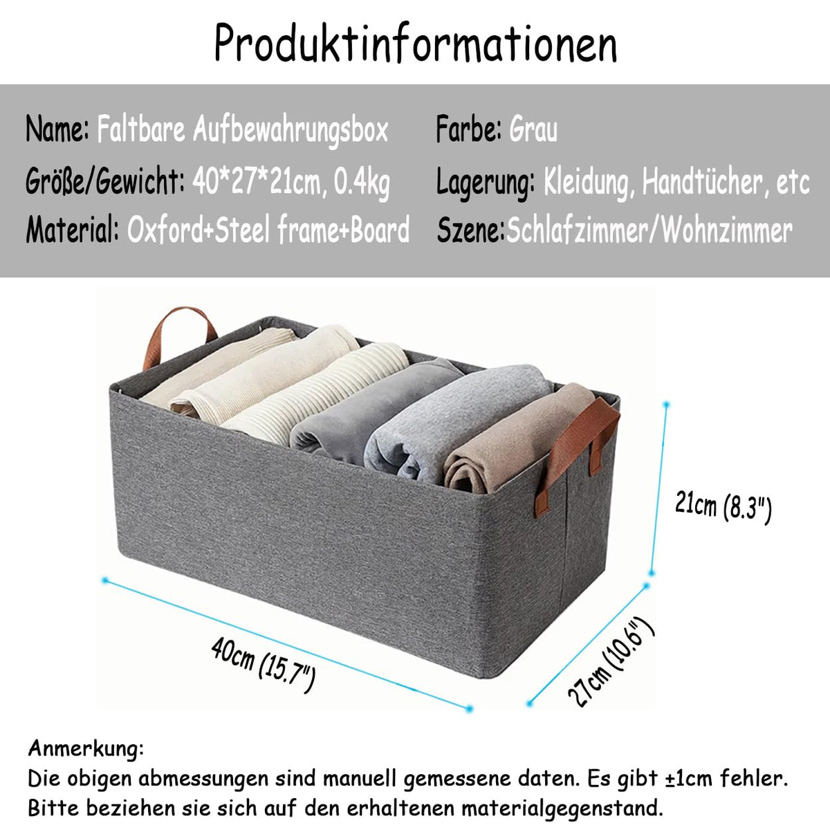 AARAINBOW Closet Storage Baskets 4 Pack, Foldable Fabric Storage Boxes for Shelves, Stackable Clothes Organiser with Steel Frame & Handles, 23L Grey
