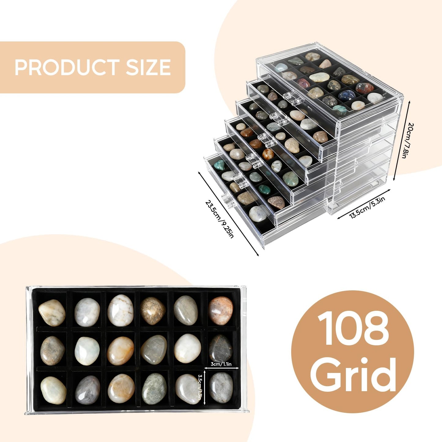 Rock Display Case, 6 Drawers 108 Grids Rock Collection Box Rock Collection Display Case Clear Crystals display Case Storage Cases for Small Rocks