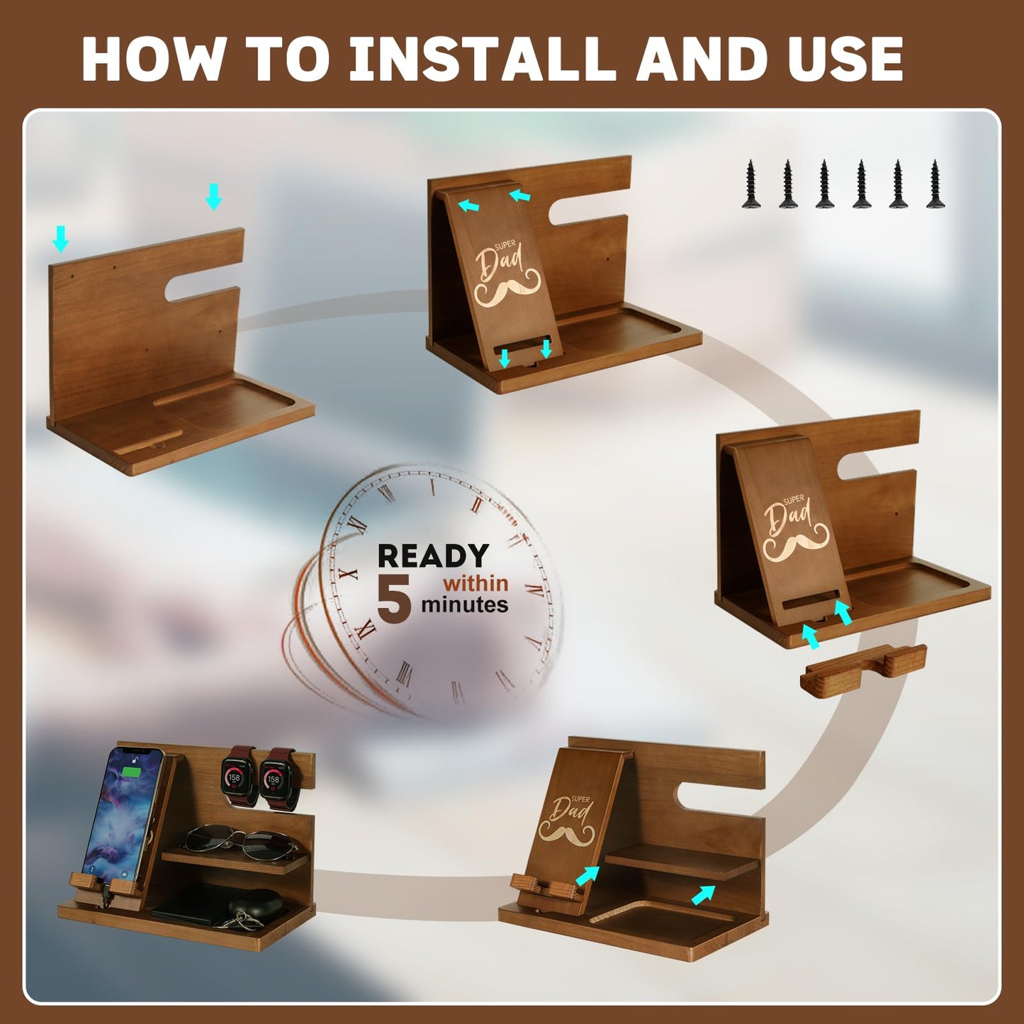 Fathers Day for Dad, Dad Birthday Gifts, Wood Phone Docking Station, Bedside Table Organiser, Presents for Father