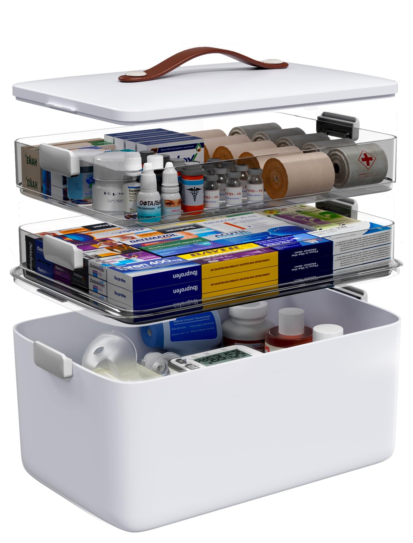 Medicine Storage Box, 3-Tier Medicine Organiser with Carry Handle, Large First Aid Storage Container with Clear Trays, White Medicine Storage Case
