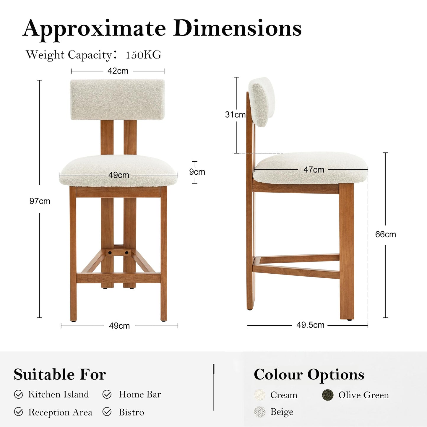younturn Retro Mid Century Bar Stools Set of 2, Comfort Padded Boucle Upholstered Seats Breakfast Barstools with Backrest