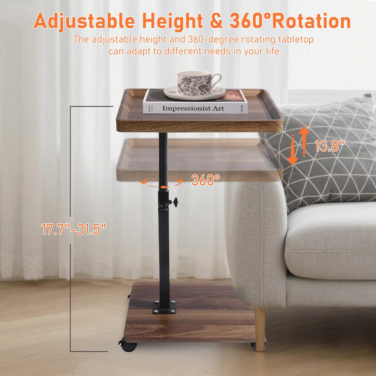 YYW C Shaped Side Table, Height Adjustable Bedside Table with Wheels, 360°Swivel Sofa End Tables, Wooden Coffee End Table for Living Room Bedroom